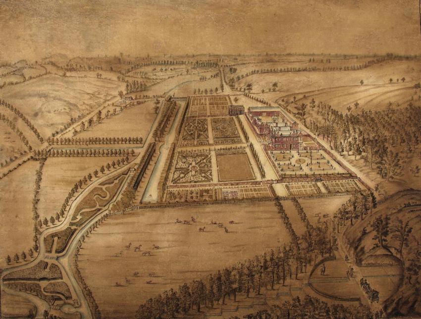 Sir William Temple’s garden at Moor Park near Farnham in Surrey. Watercolour painting c. 1690, attributed to  Johannes Kip. Surrey County Council. 